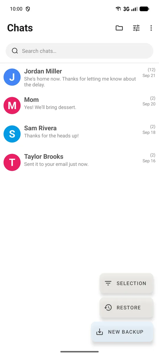 SMS Backup, Print & Restore Chats screen listing conversations