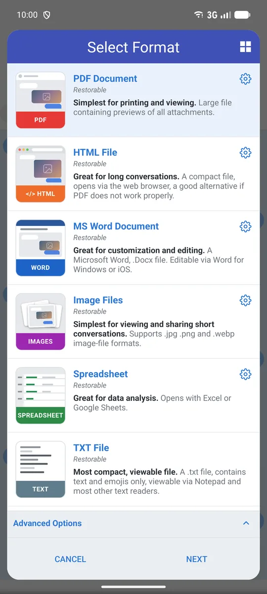 Select Format screen with PDF Document at the top