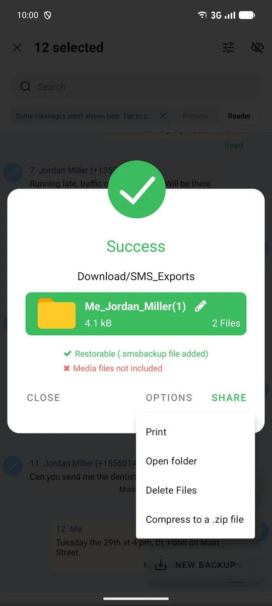 Export finished, with the Options menu showing Print