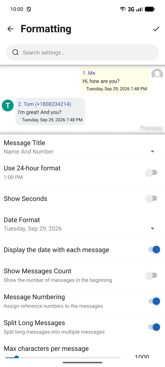 Formatting settings with Name And Number, dates on each message and message numbering turned on