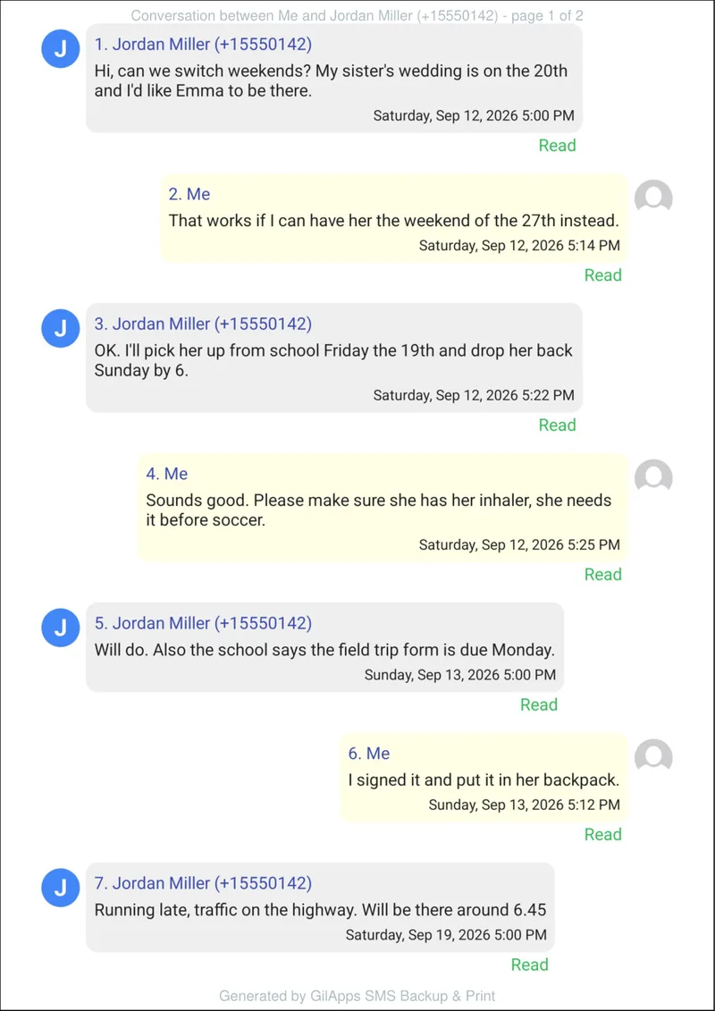 Example exported PDF page with numbered messages, names, phone numbers and full dates