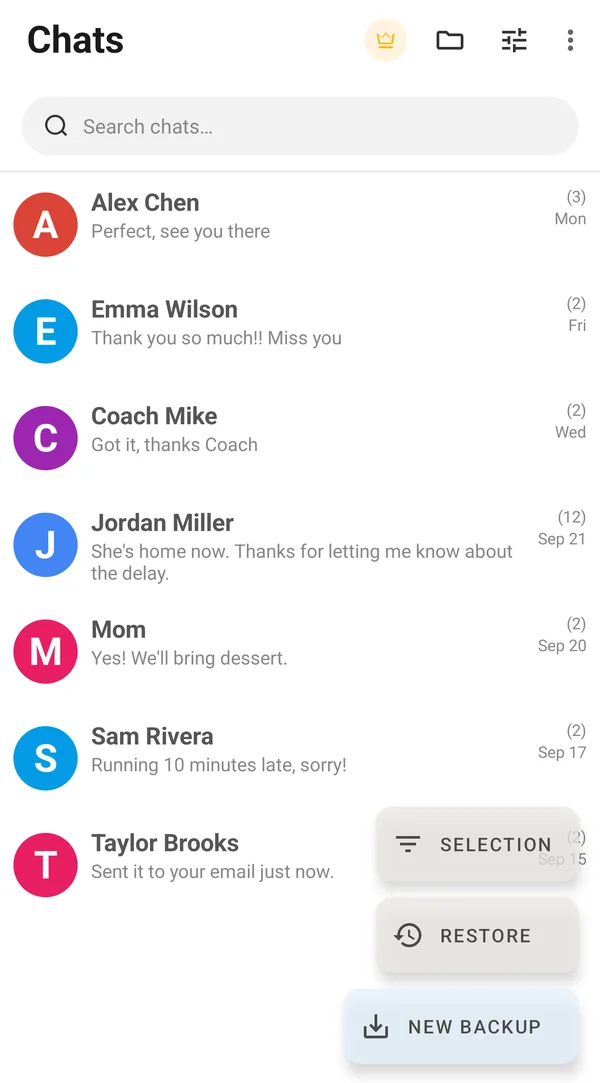 Chats screen in the free version with the yellow crown icon at the top