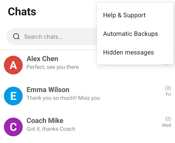 Three-dot menu on the Chats screen with Hidden messages