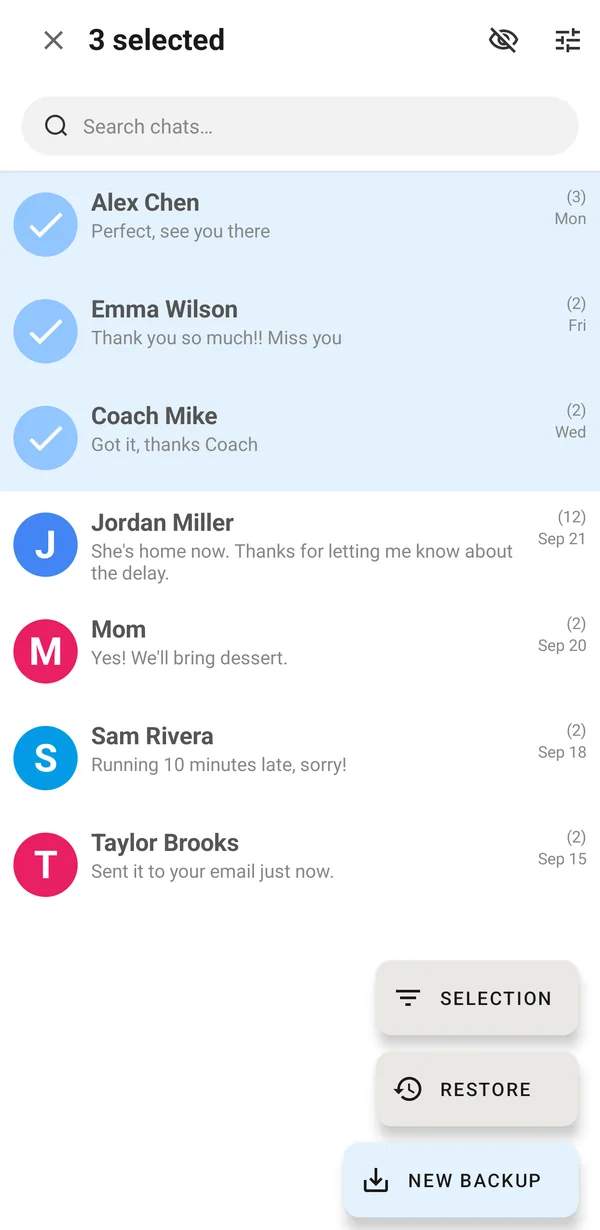 Chats screen with three conversations selected and the New Backup button