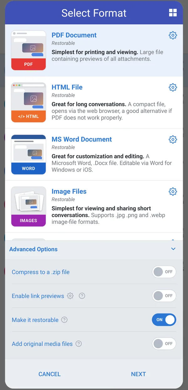 Select Format dialog with Make it restorable turned on