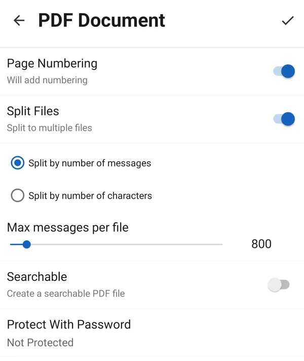 PDF Document settings with Split Files, Searchable and Protect With Password