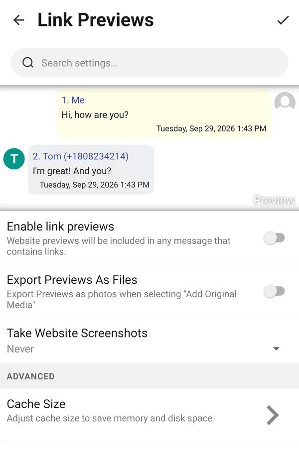 Link Previews settings with Cache Size