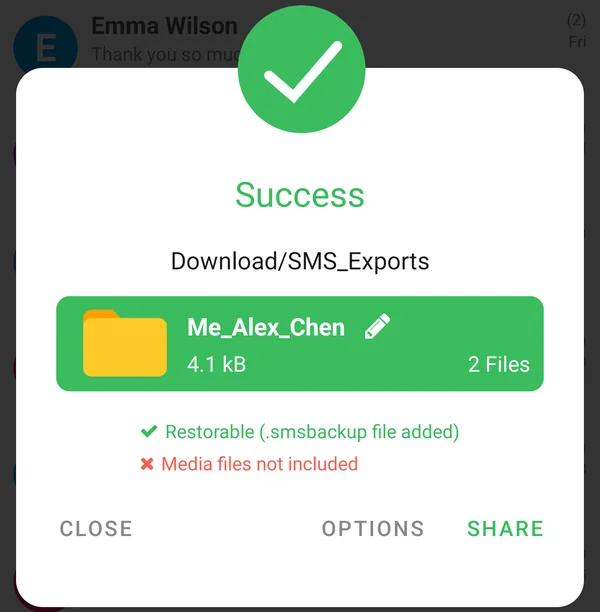 Backup finished, showing Restorable (.smsbackup file added)