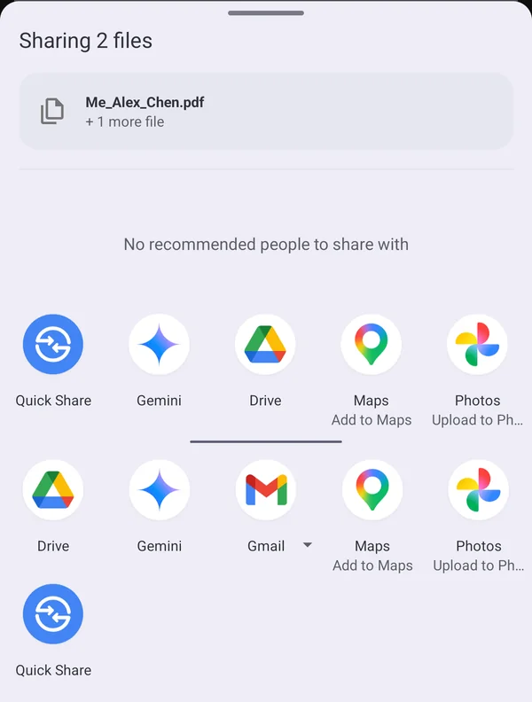 Share menu with Drive, Gmail and Quick Share