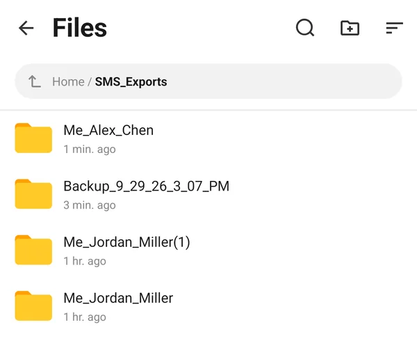 Files screen showing the SMS_Exports folder with previous backups