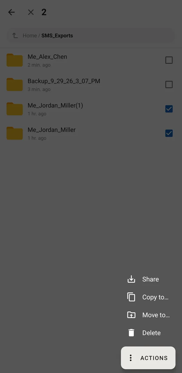 Two backups selected with the Actions menu showing Share, Copy to, Move to and Delete