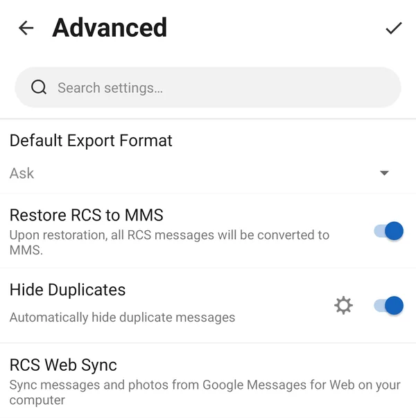 Advanced settings with RCS Web Sync
