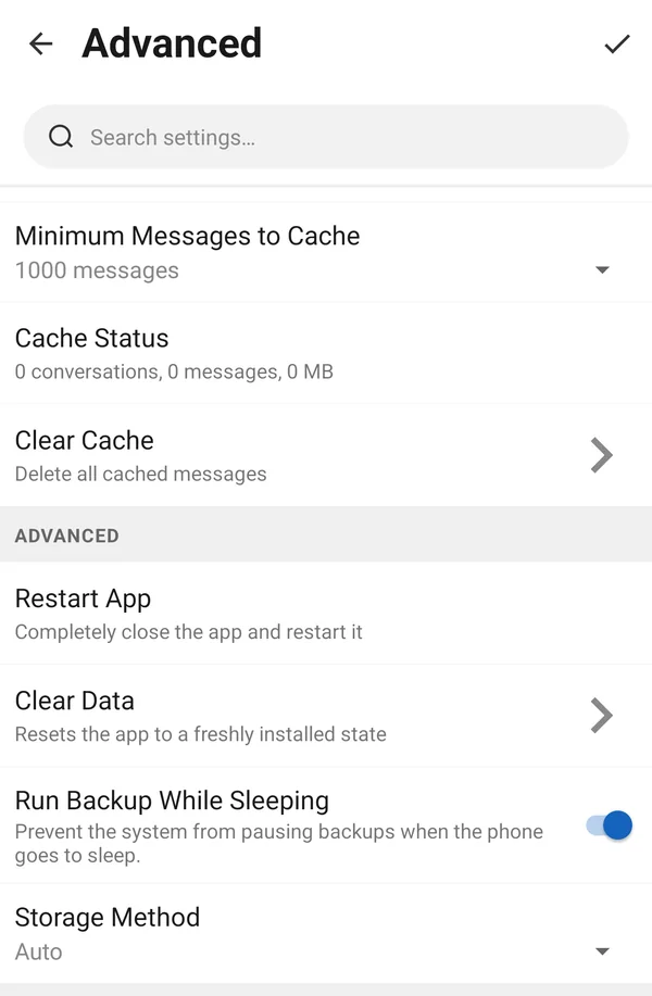 Advanced settings with Clear Cache and Restart App
