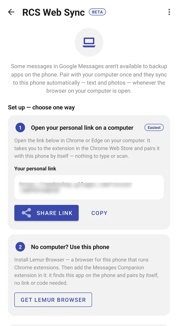 RCS Web Sync screen with the personal link and the Lemur Browser option