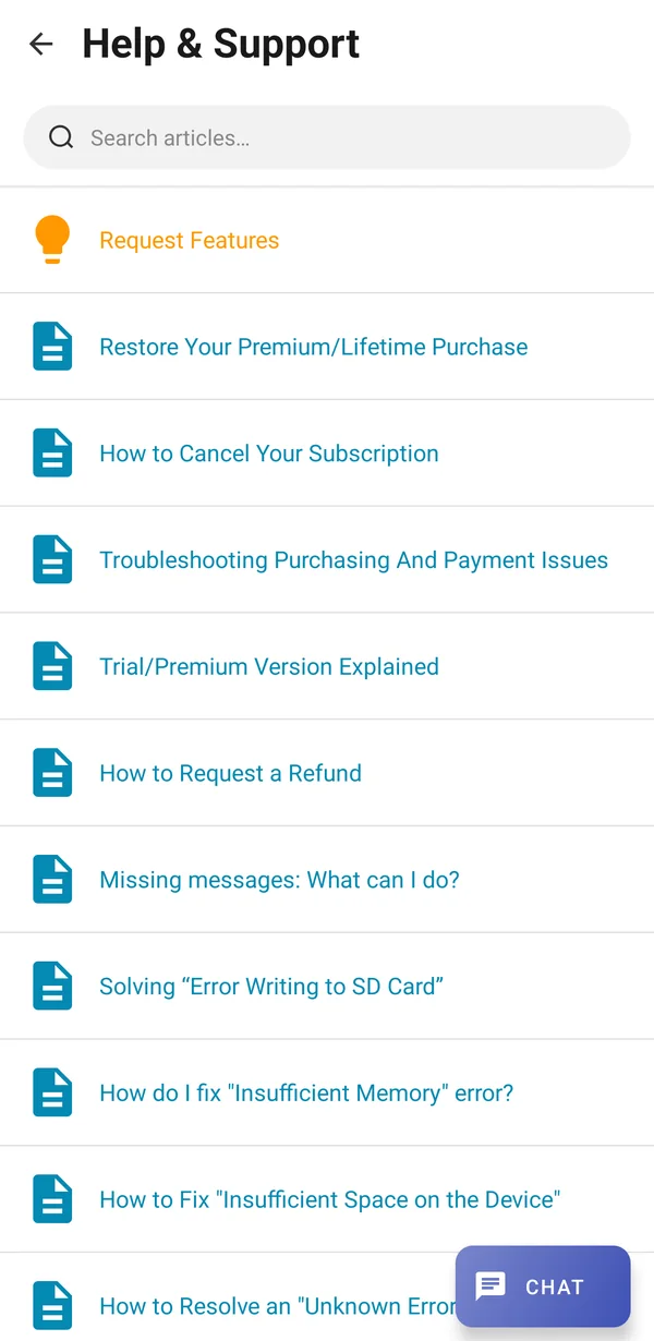 Help & Support screen with the Chat button