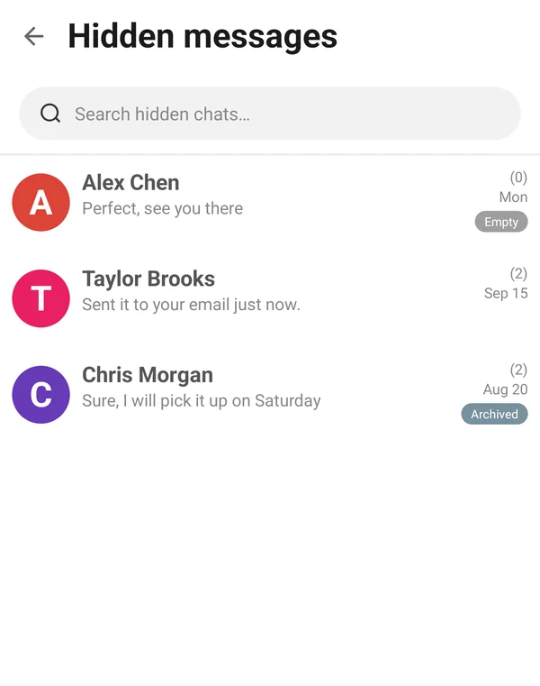 Hidden messages window with archived, empty and hidden-by-you conversations