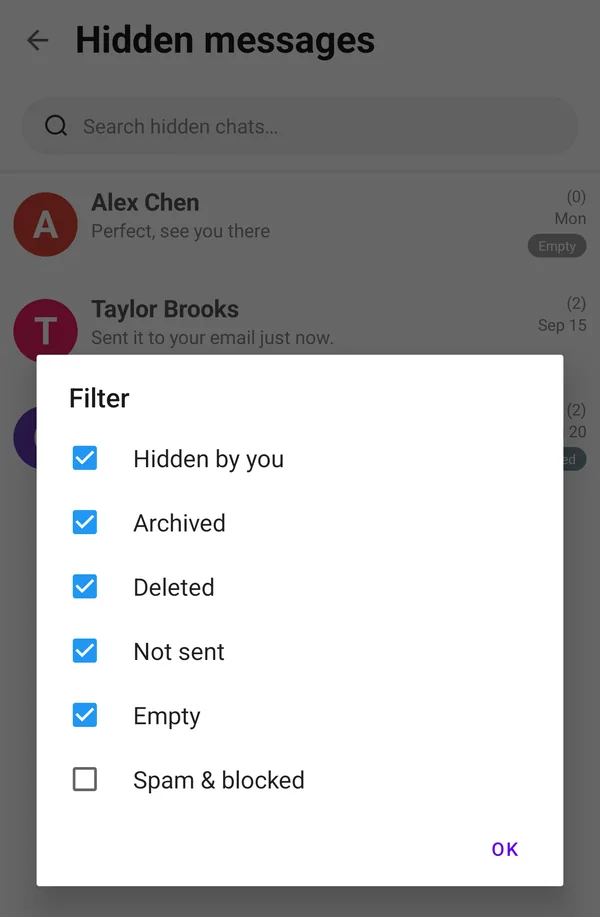 Filter dialog with Hidden by you, Archived, Deleted, Not sent, Empty and Spam & blocked