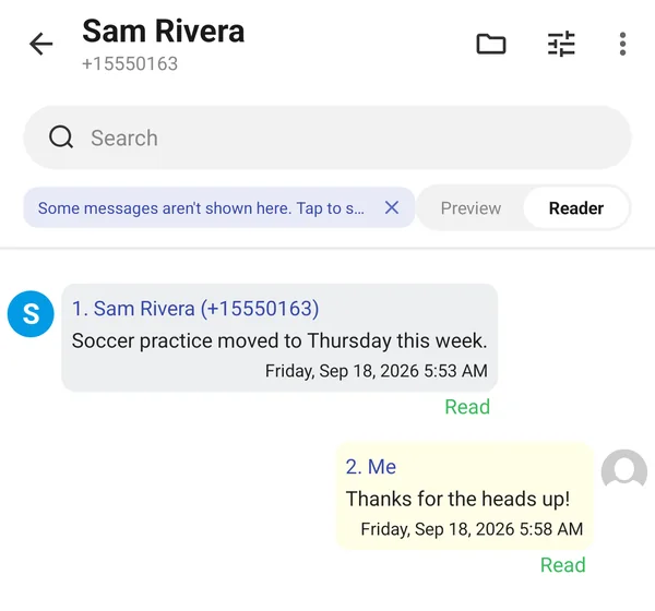 Conversation with the banner Some messages aren't shown here. Tap to sync them.
