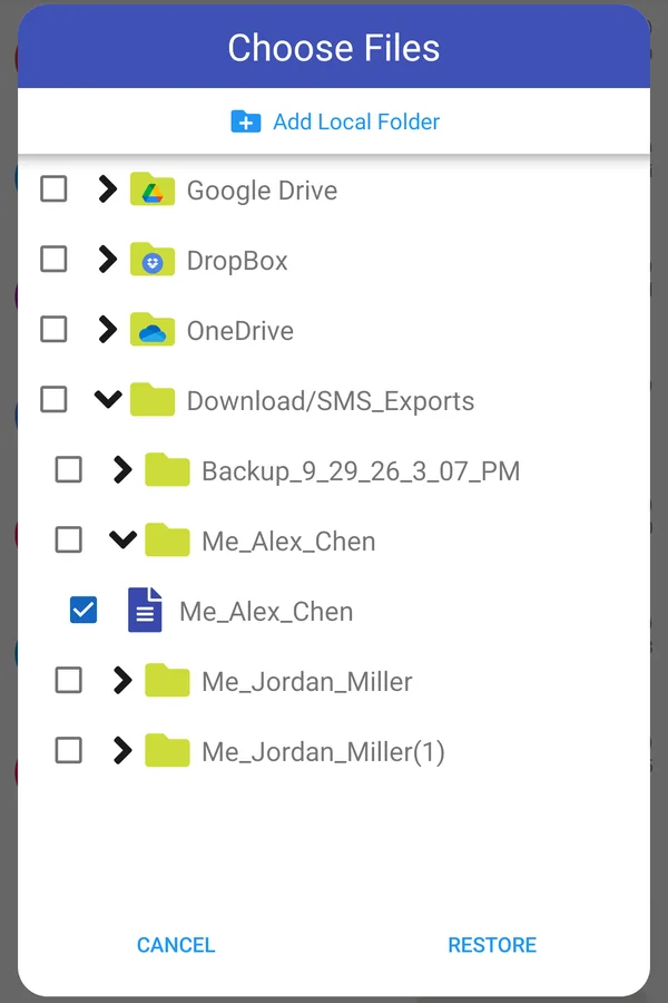Choose Files dialog with Google Drive, DropBox, OneDrive and a local backup folder