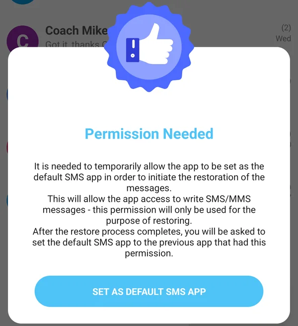 Permission Needed dialog with the Set as default SMS app button