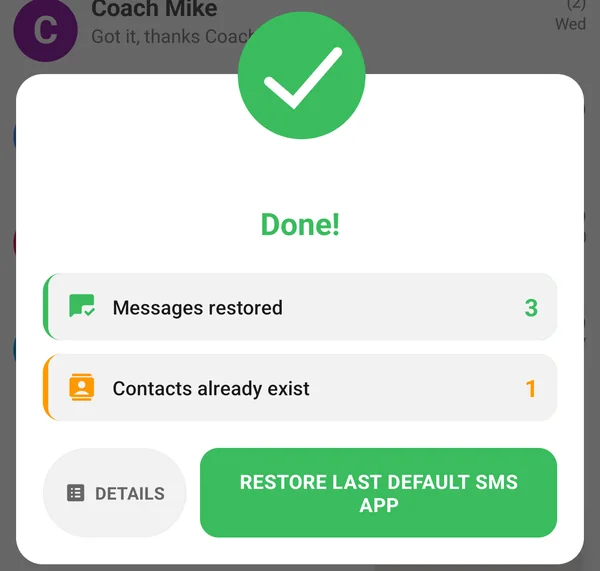 Restore finished: messages restored, with the Restore last default SMS app button