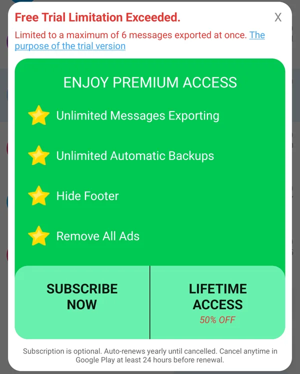 Free Trial Limitation Exceeded dialog with the Premium options